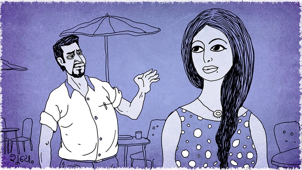 Ilustración de un hombre hablándole a una mujer.
