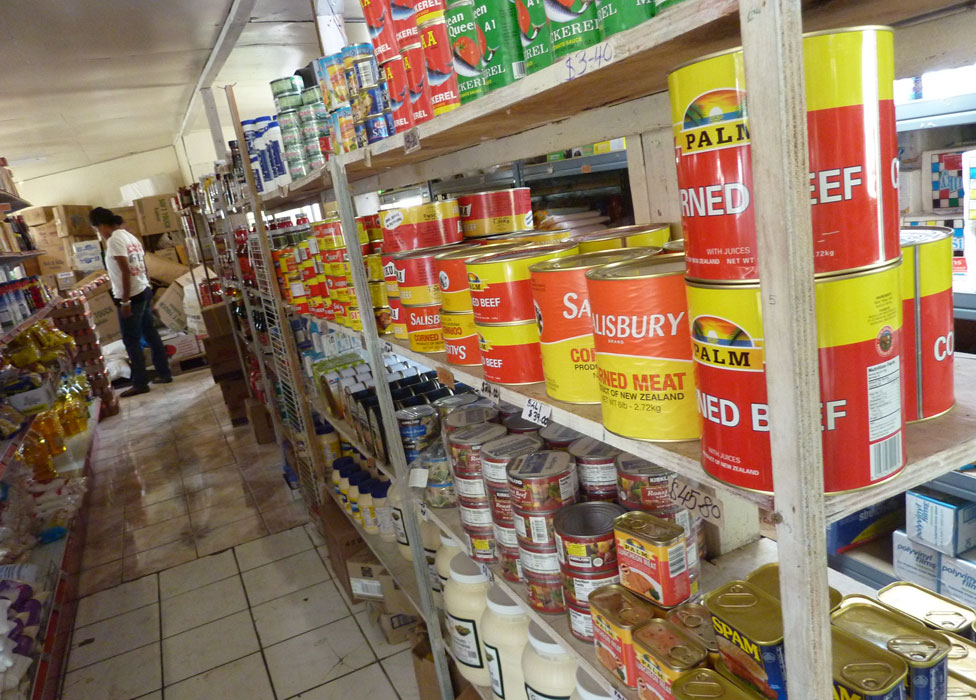 Canned meat in a supermarket, including 2.7kg tins