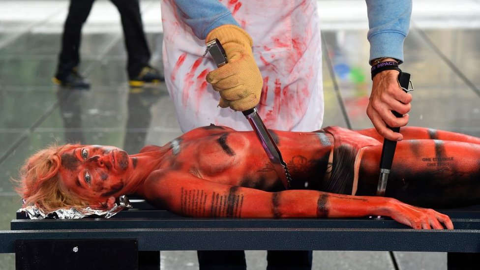 Mujer disfrazada de carne cruda en protesta.
