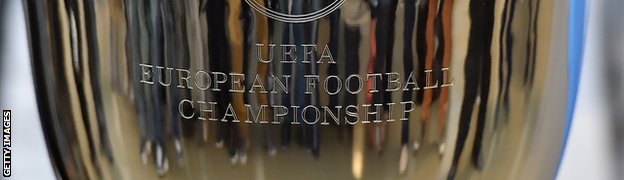 The trophy of the UEFA Euro 2016 football tournament displayed at the headquarters of the Bordeaux Metropole conurbation authority in Bordeaux