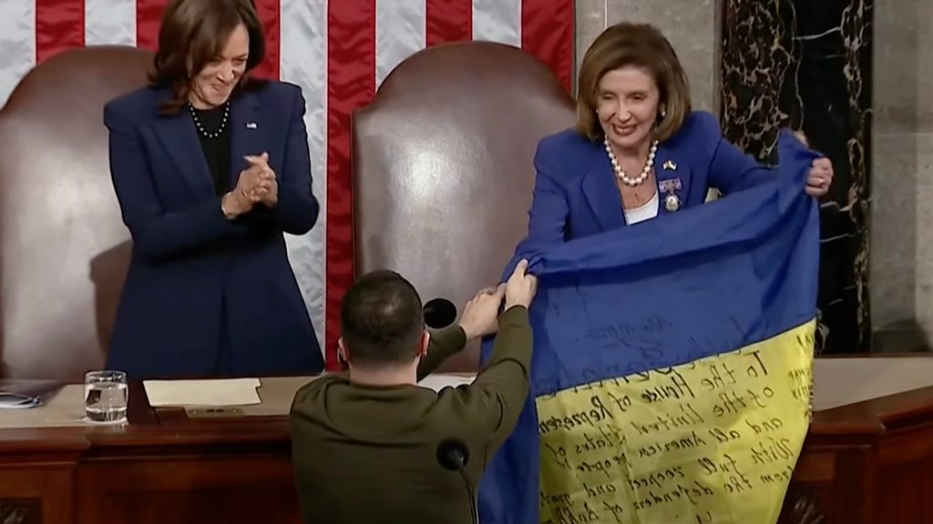 Zelensky presents Ukraine battle flag to US Congress