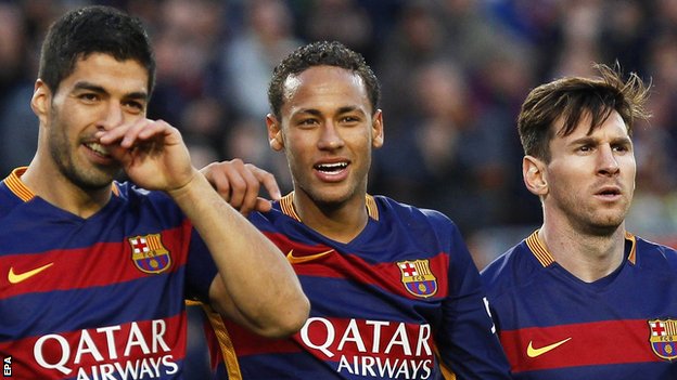 (left to right) Barcelona Luis Suarez, Neymar and Lionel Messi