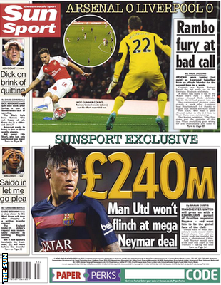 The Sun's back page story on Neymar
