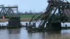 Destroyed railway bridge spanning the Ems river in northwest Germany