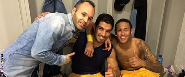 Andreas Iniesta, Luis Suarez and Neymar celebrates Barcelona's win over Getafe