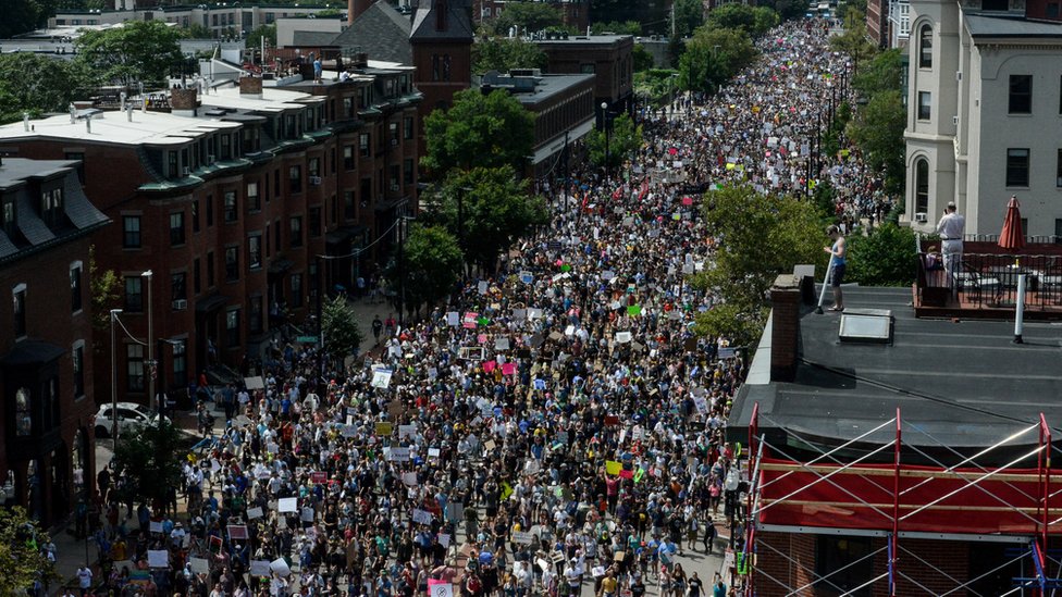 People march towards the Boston Commons to protest the Boston Free Speech Rally in Boston, 19 August 2017