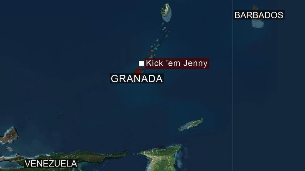 Mapa que muestra la ubicación del volcán "Kick 'em Jenny" con respecto a la isla de Granada. (Está a 8 kilómetros de la isla)