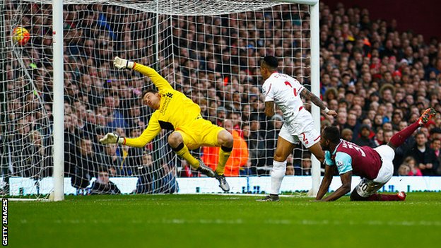 Michail Antonio heads West Ham United ahead against Liverpool