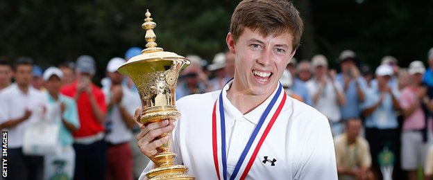 Matt Fitzpatrick of England stands with the Havemeyer trophy after winning the 2013 U.S. Amateur Championship at The Country Club.