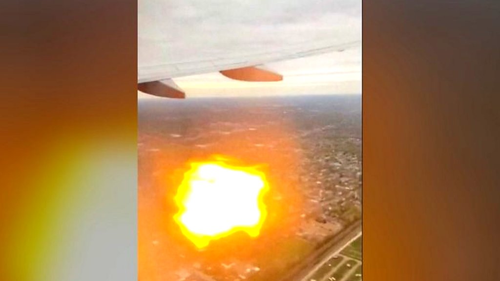 Plane engine splutters flames after bird collision
