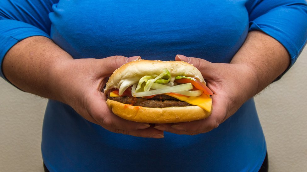 Persona obesa sosteniendo una hamburguesa