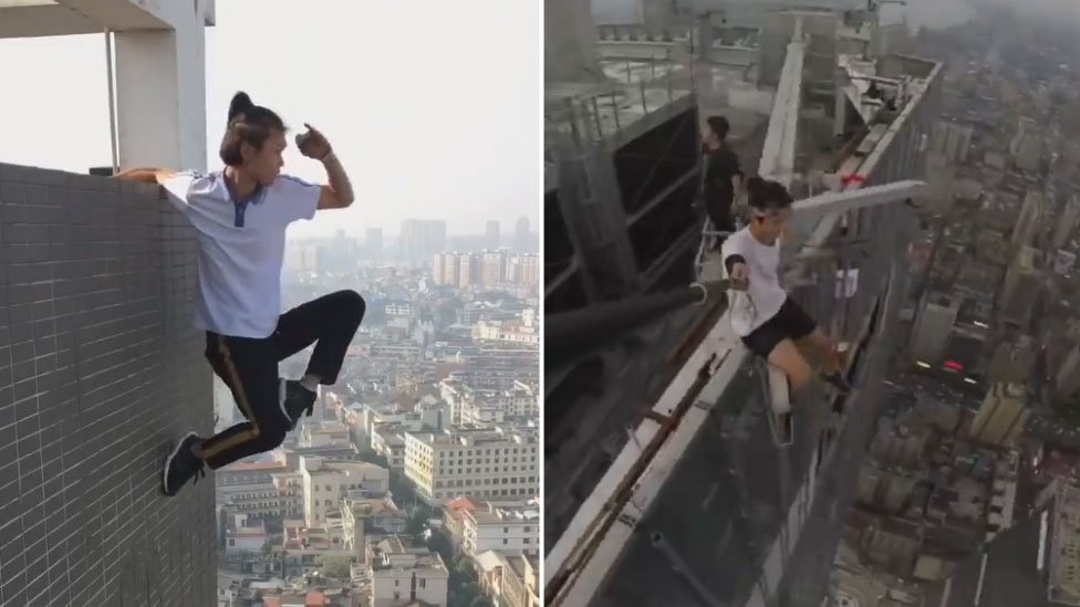 Dps fotos que muestran a Wu Yngning balanceándose precariamente en las cimas de edificios (Foto: Weibo)