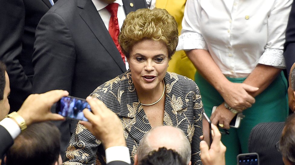 Brazilian President Dilma Rousseff greets lawmakers in the National Congress in Brasilia in February 2016.