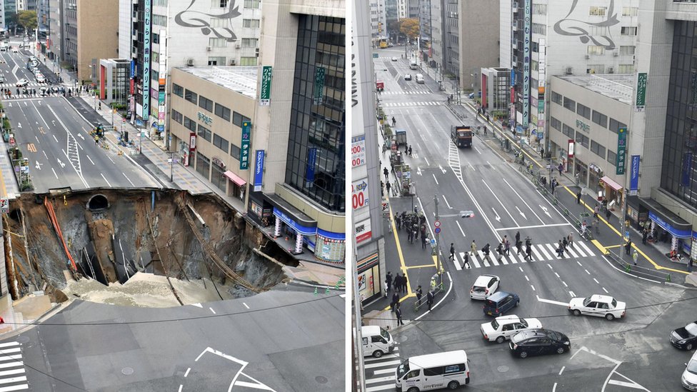 Tomas de antes y después de la reparación del socavón en Fukuoka