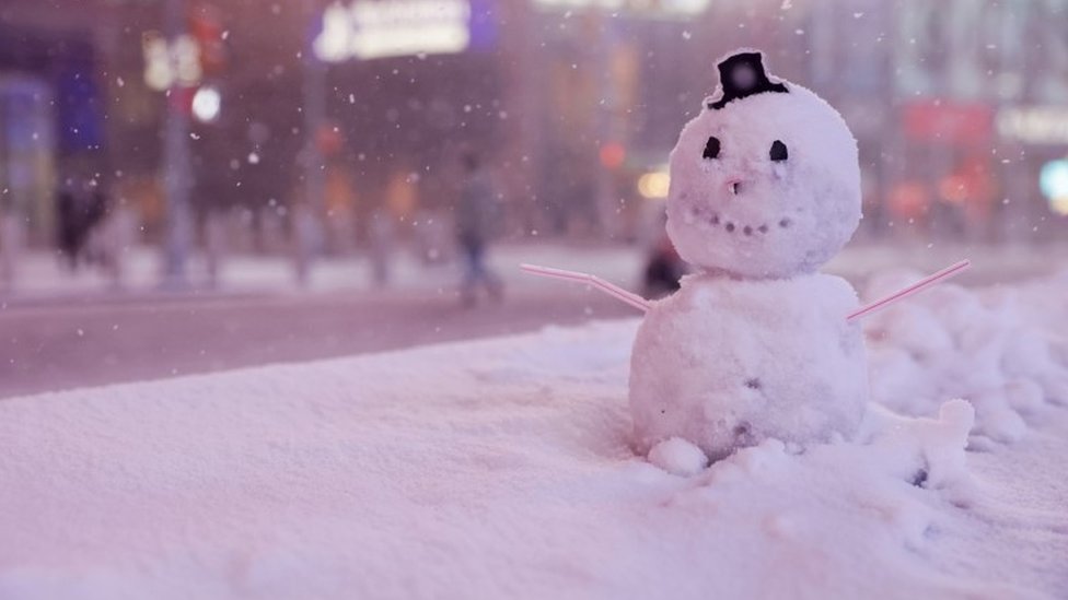 A snowman in Times Square