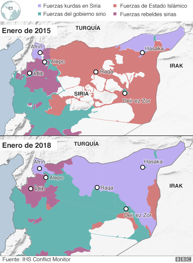 Mapa que muestra los cambios en el control territorial en Siria entre 2015 y 2018.