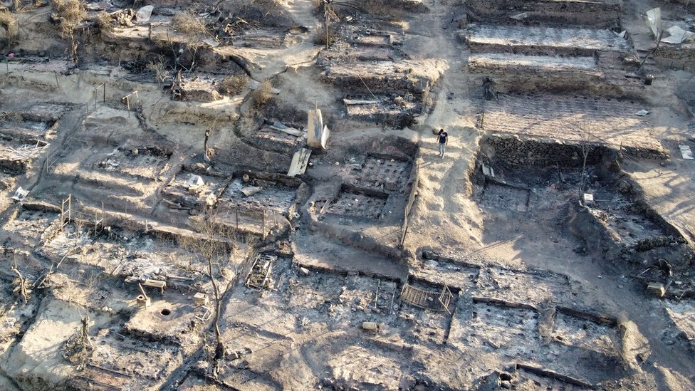 An aerial view of destroyed shelters following a fire at the Moria camp for refugees and migrants on the Island of Lesbos, Greece, 9 September 2020