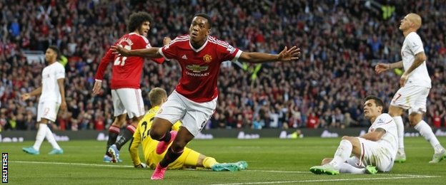 Anthony Martial scores against Liverpool
