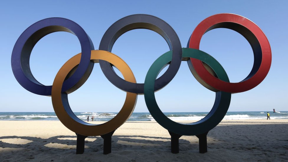 The Olympic Rings being placed at the Gyeongpodae beach, near the venue for the Speed Skating, Figure Skating and Ice Hockey ahead of the PyeongChang 2018 Winter Olympic Games on October 30, 2017 in Gangneung, South Korea.
