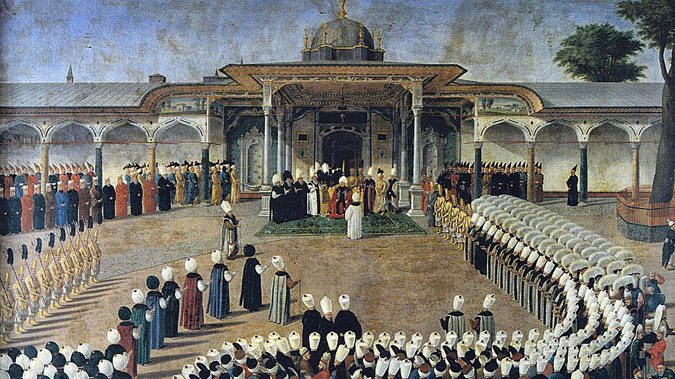 Sultán Selim III en una audiencia frente a la Puerta de la Felicidad. Los cortesanos están reunidos en un protocolo estricto. Topkapı Sarayı Müzesi, Estambul