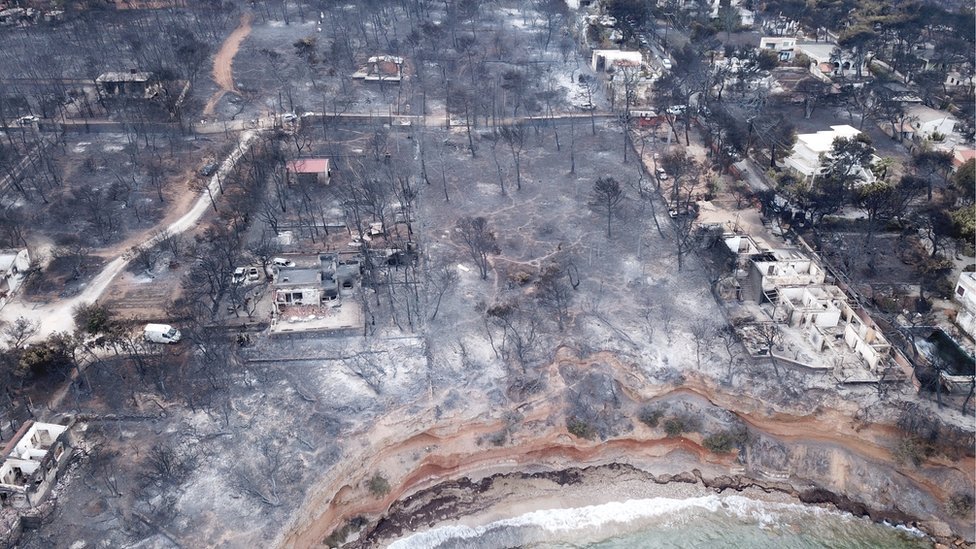 Greek fires: Aerial images reveal devastation - BBC News