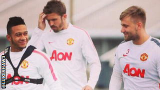 Memphis Depay, Michael Carrick and Luke Shaw