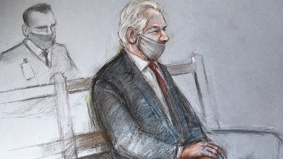 Court artist sketch by Elizabeth Cook of Julian Assange appearing at the Old Bailey in London for the ruling in his extradition case.
