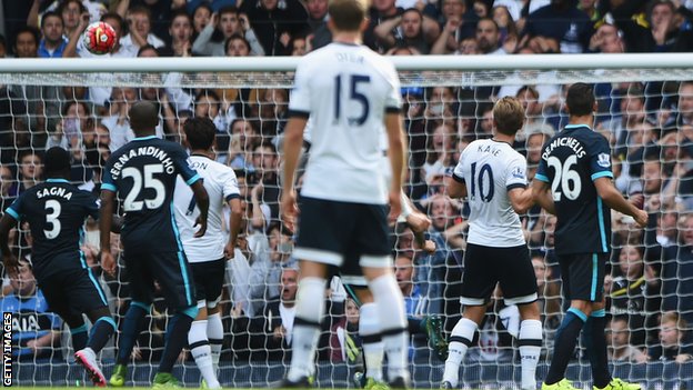 Tottenham striker Harry Kane watches as his shot goes in against Manchester City