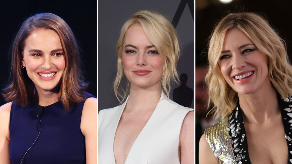 A composite image showing the faces of, left to right: Natalie Portman, Emma Stone, Cate Blanchett, all smiling