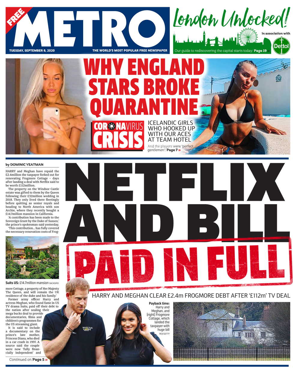 Front page of the Metro