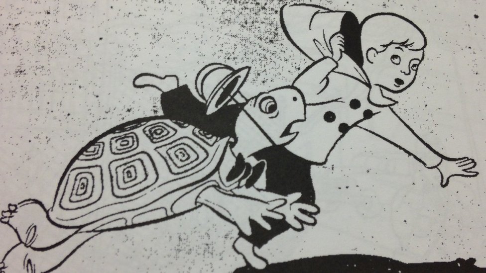 Ilustración infantil de un niño y una tortuga corriendo. (Imagen: cortesía de la Biblioteca Truman)