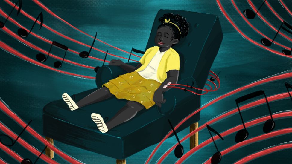 Una ilustración muestra a una pequeña sometiéndose a una diálisis mientras oye música