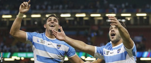 Argentina flanker Pablo Matera (left) and scrum-half Martin Landajo celebrate victory over Ireland