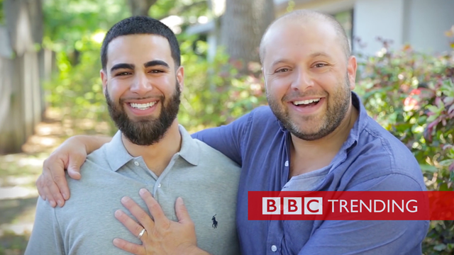A Muslim man and white man in spoof video about Islamophobia 