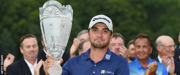 Jason Day with the trophy for winning The Barclay