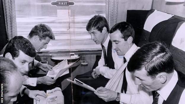 Liverpool players on train after 1965 FA Cup final