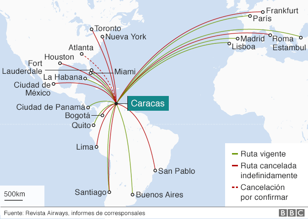 Mapa con vuelos hacia Caracas, Venezuela