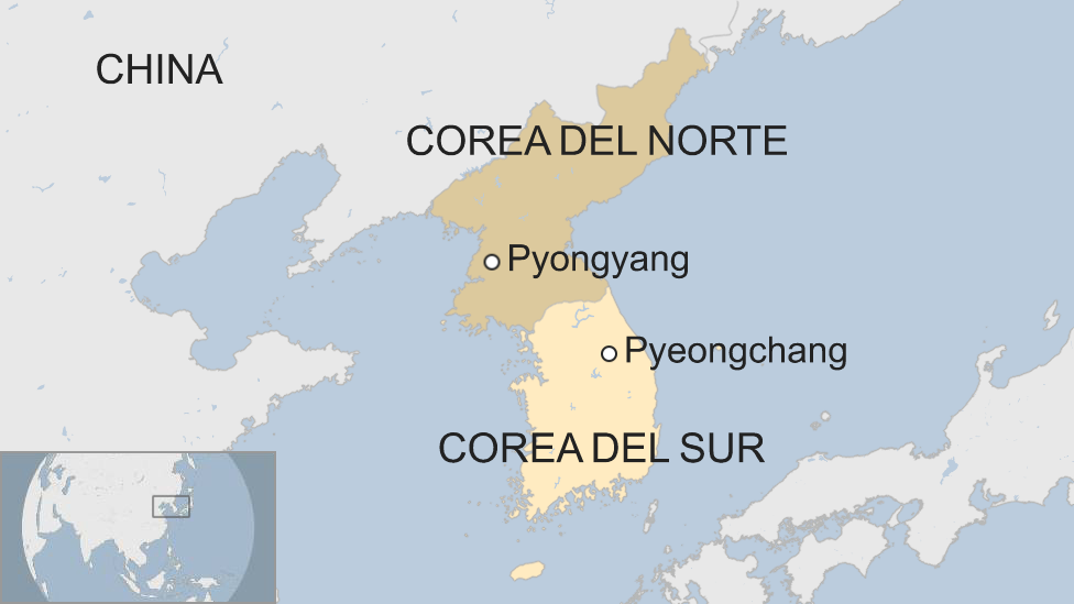 Un mapa de Pyeongchang y Pyongyang
