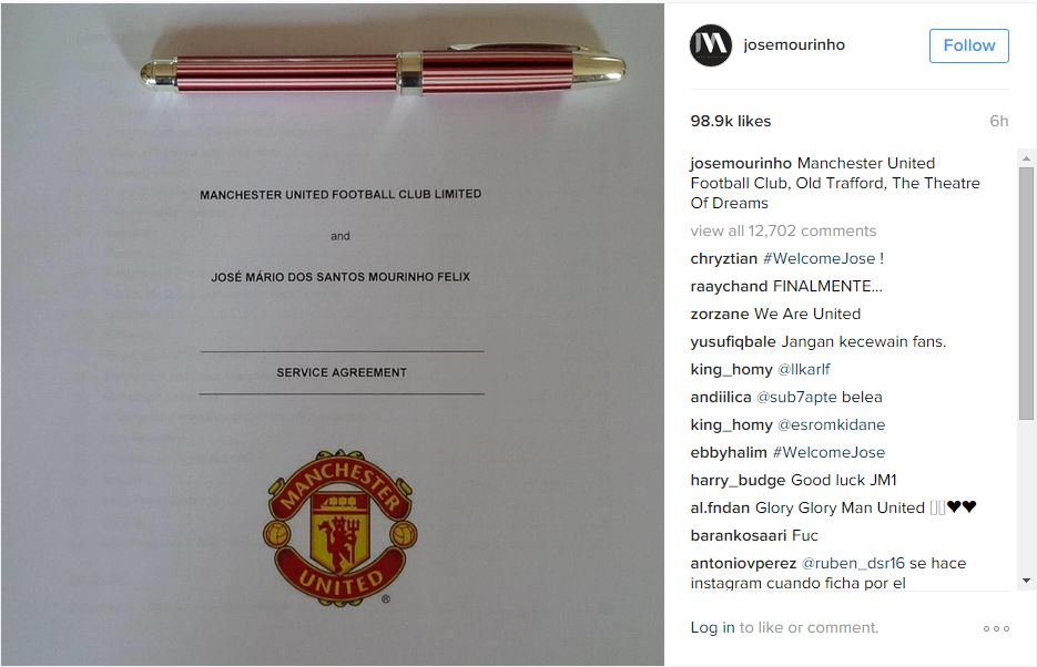 Jose Mourinho Instagram of Man U contract