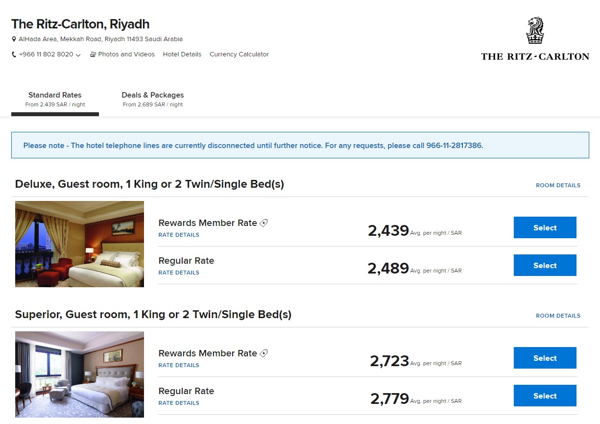 Captura de pantalla de la web del Ritz-Carlton en Riad.