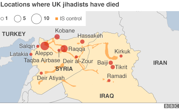 Map showing the locations where British jihadists have died, where information is available
