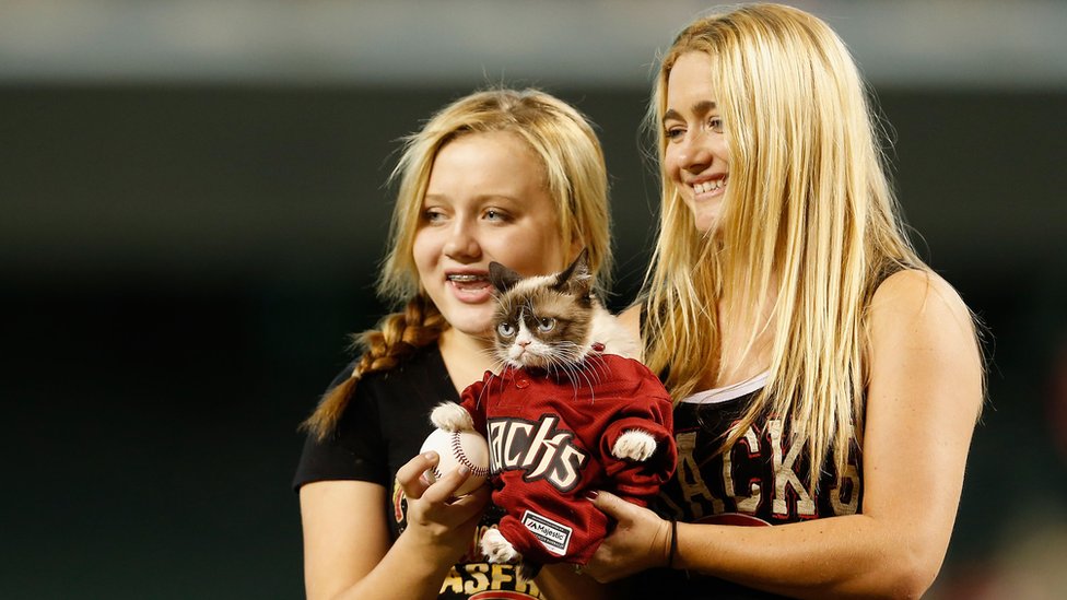 Grumpy cat con una camiseta de baseball, en Arizona, en 2015, con sus dueña, Tabatha Bundesen (derecha).