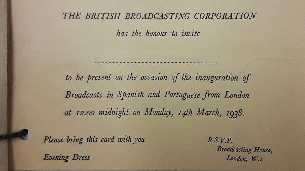 Invitación a la noche de gala en que se inauguró el Servicio Latinoamericano de la BBC en 1938