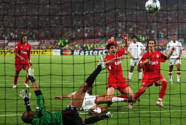 Xabi Alonso scores for Liverpool in the 2005 Champions League final against AC Milan