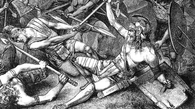 Dibujo de un combate entre gladiadores