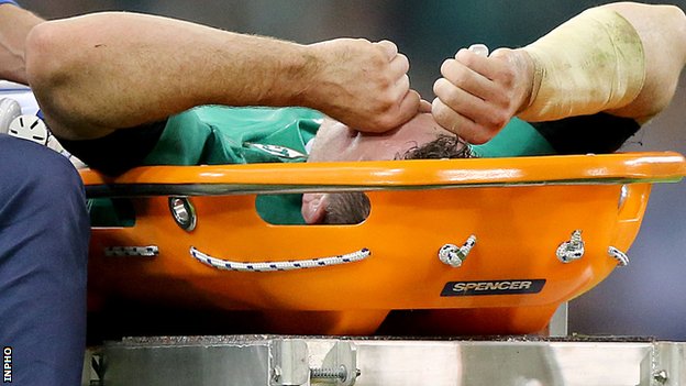Ireland's Peter O'Mahony was carried off during the match against France