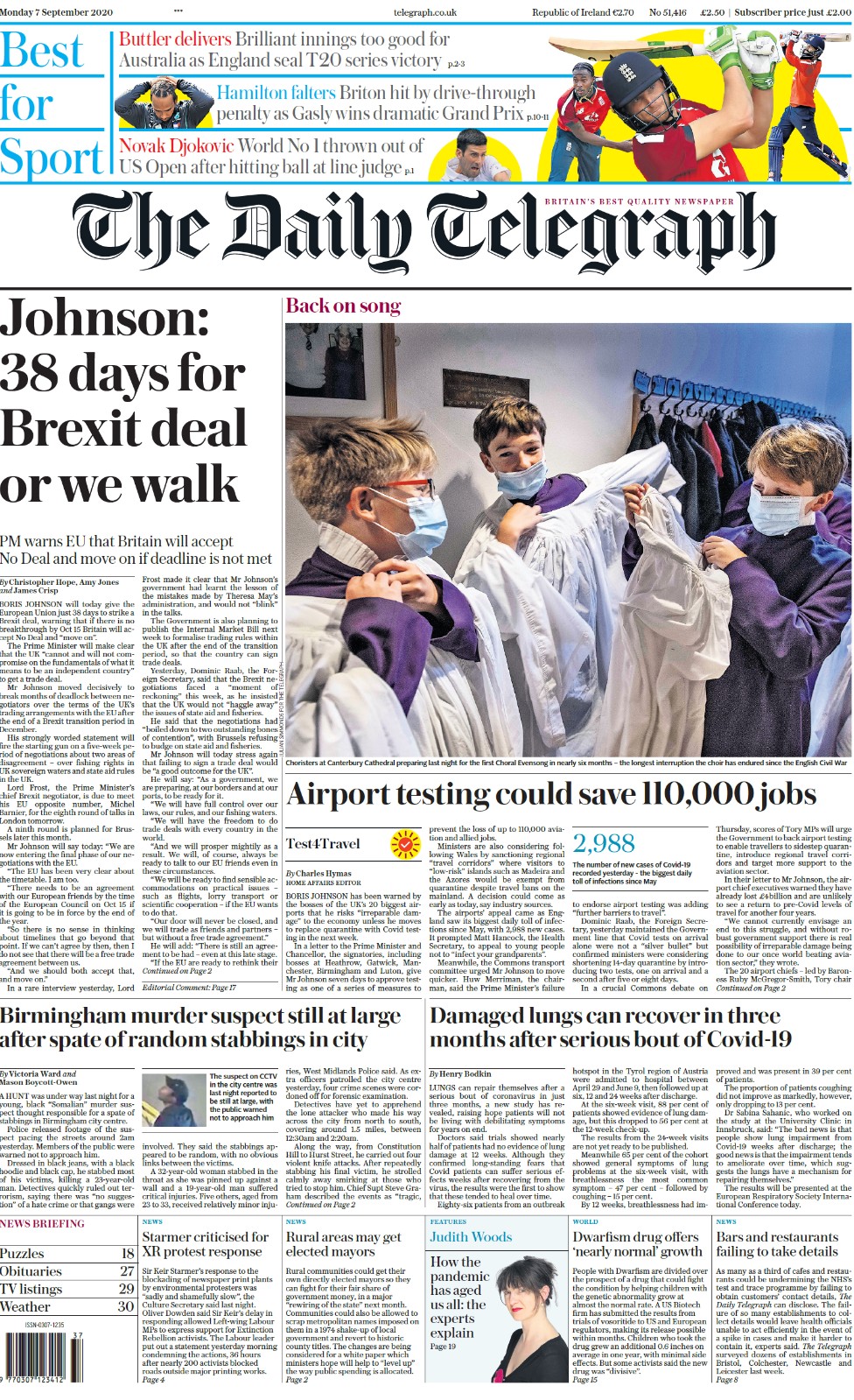 Daily Telegraph front page, 7/9/20