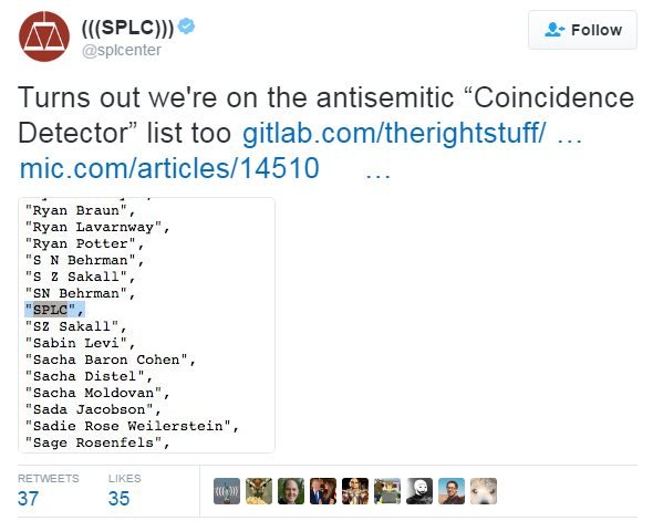 It wasn't just Jewish journalists who were included on the Coincidence Detector list, the Southern Poverty Law Centre found its name included on the list. 