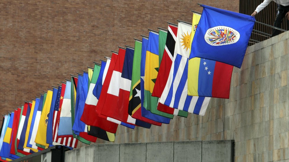 La Organización de Estados Americanos está compuesta por 35 Estados, todos los cuales tienen el derecho al voto. Banderas de la OEA