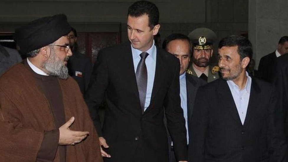 Sheikh Hassan Nasrallah, Bashar al-Assad and Mahmoud Ahmadinejad (file photo)